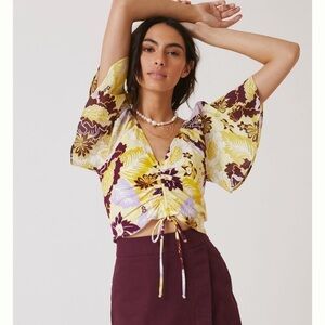 NWT Anthropologie Yellow Maroon Maeve Floral Cinched Flutter-sleeve Blouse Top